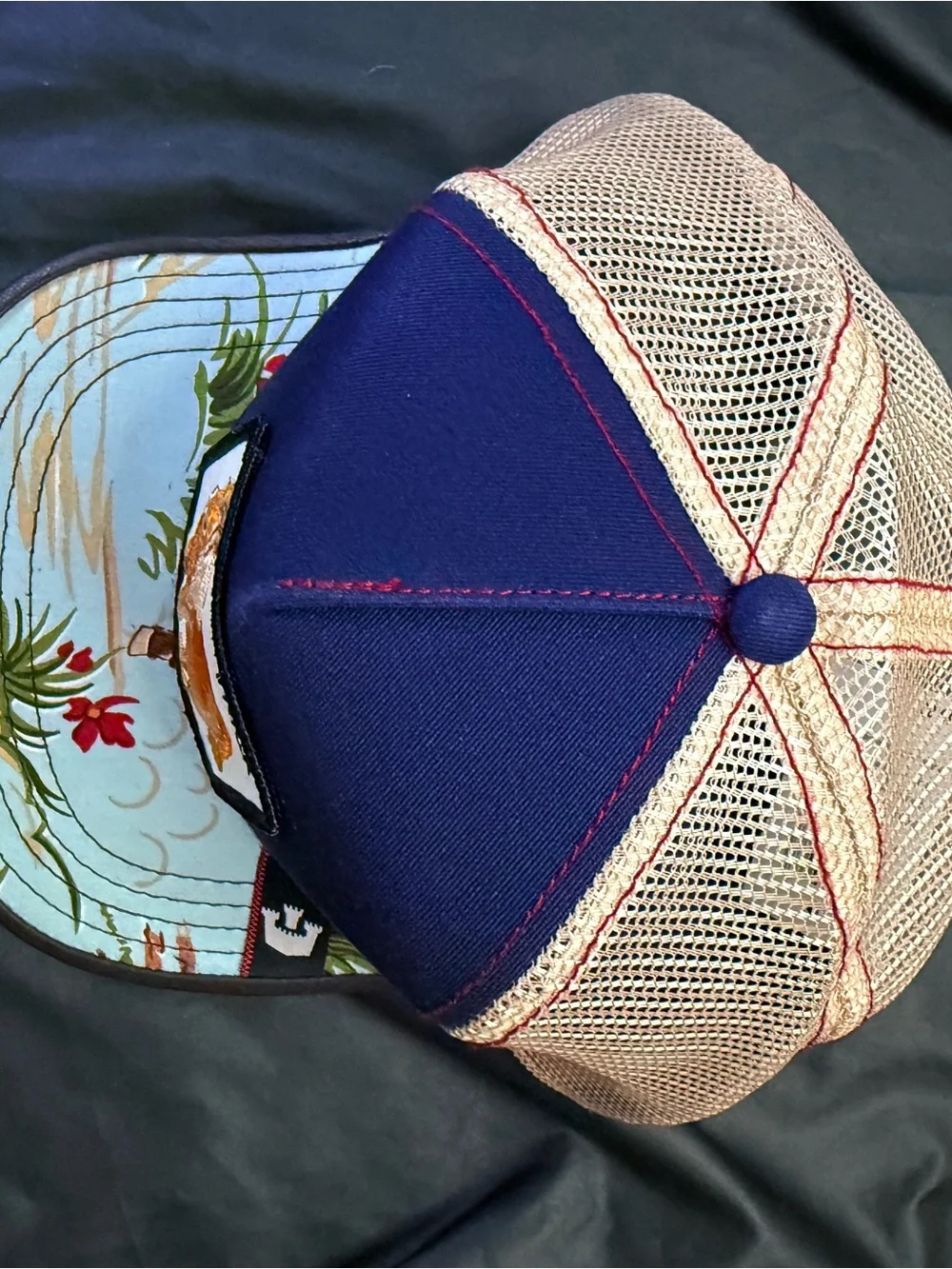 Goorin Bros Navy and Tan Trucker Hat with Pony Patch and Floral Bill - Picture 8 of 8